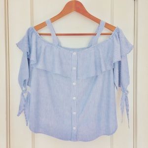 Stripped blue and white off the shoulder top 3/4